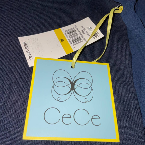 CeCe Women's Cotton Chiffon-Sleeve Mixed-Media Sweater Navy SIZE: M NWT - Picture 6 of 8